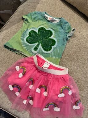 MAGICAL Girls Green Shamrock Tee with BONUS Rainbow Tulle Skirt